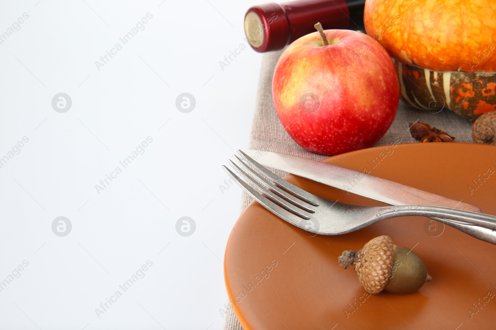 Photo of Beautiful table setting with autumnal decor on white background