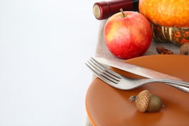 Photo of Beautiful table setting with autumnal decor on white background