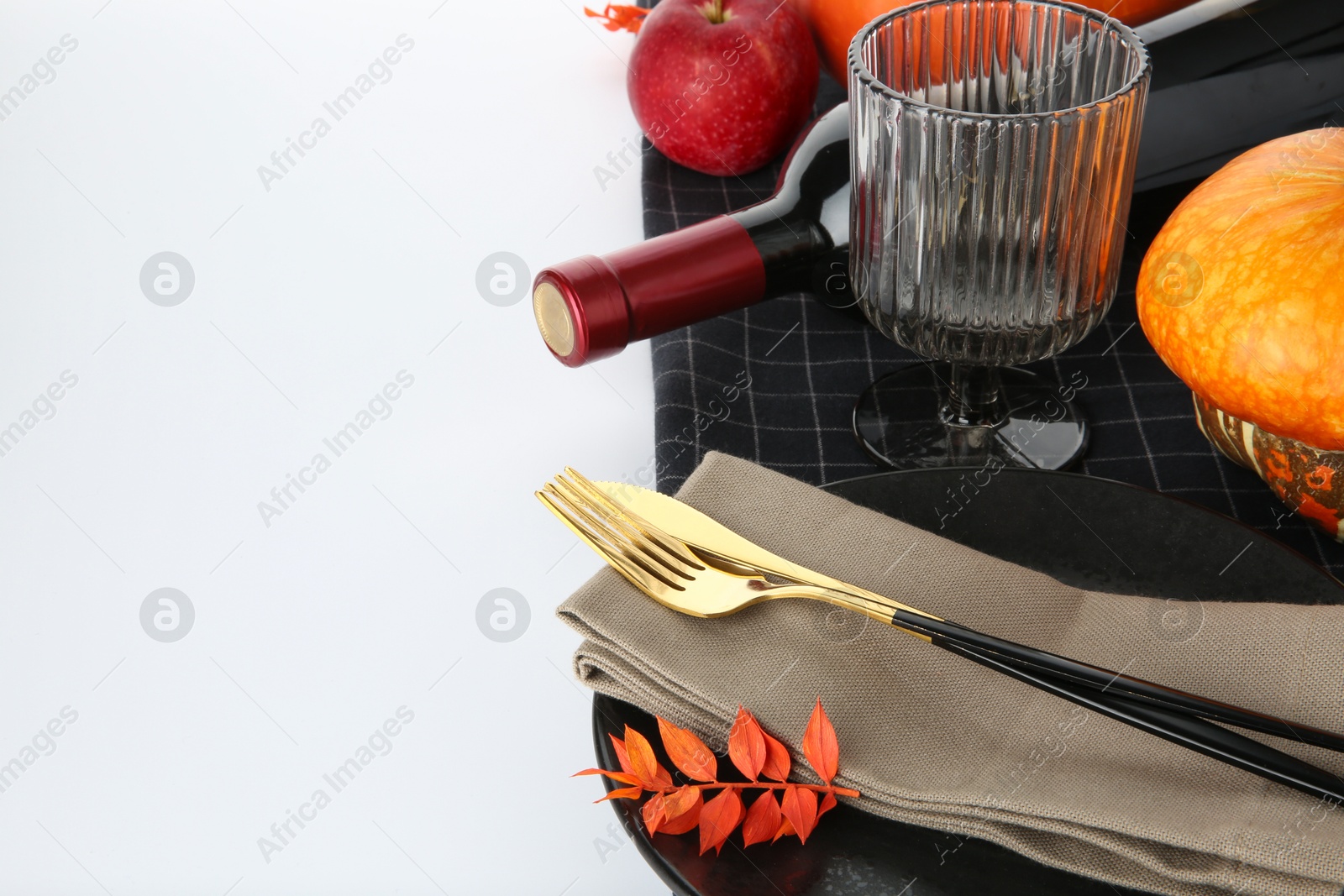 Photo of Beautiful table setting with autumnal decor on white background