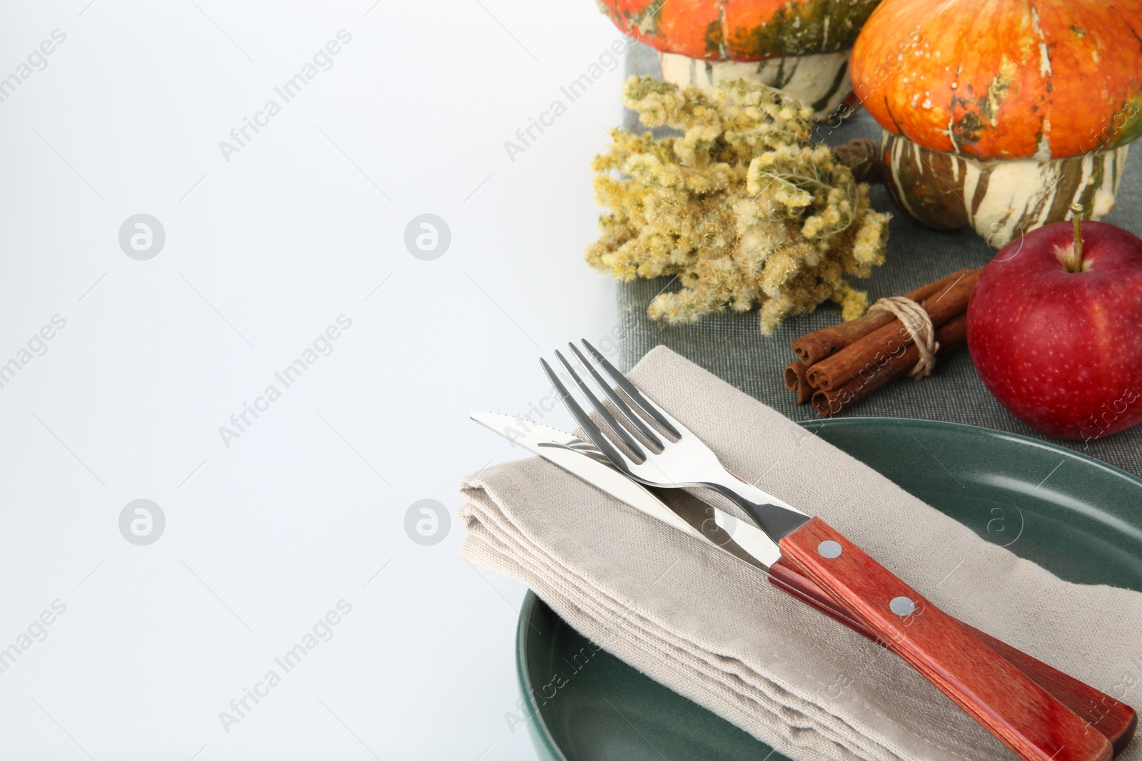 Photo of Beautiful table setting with autumnal decor on white background