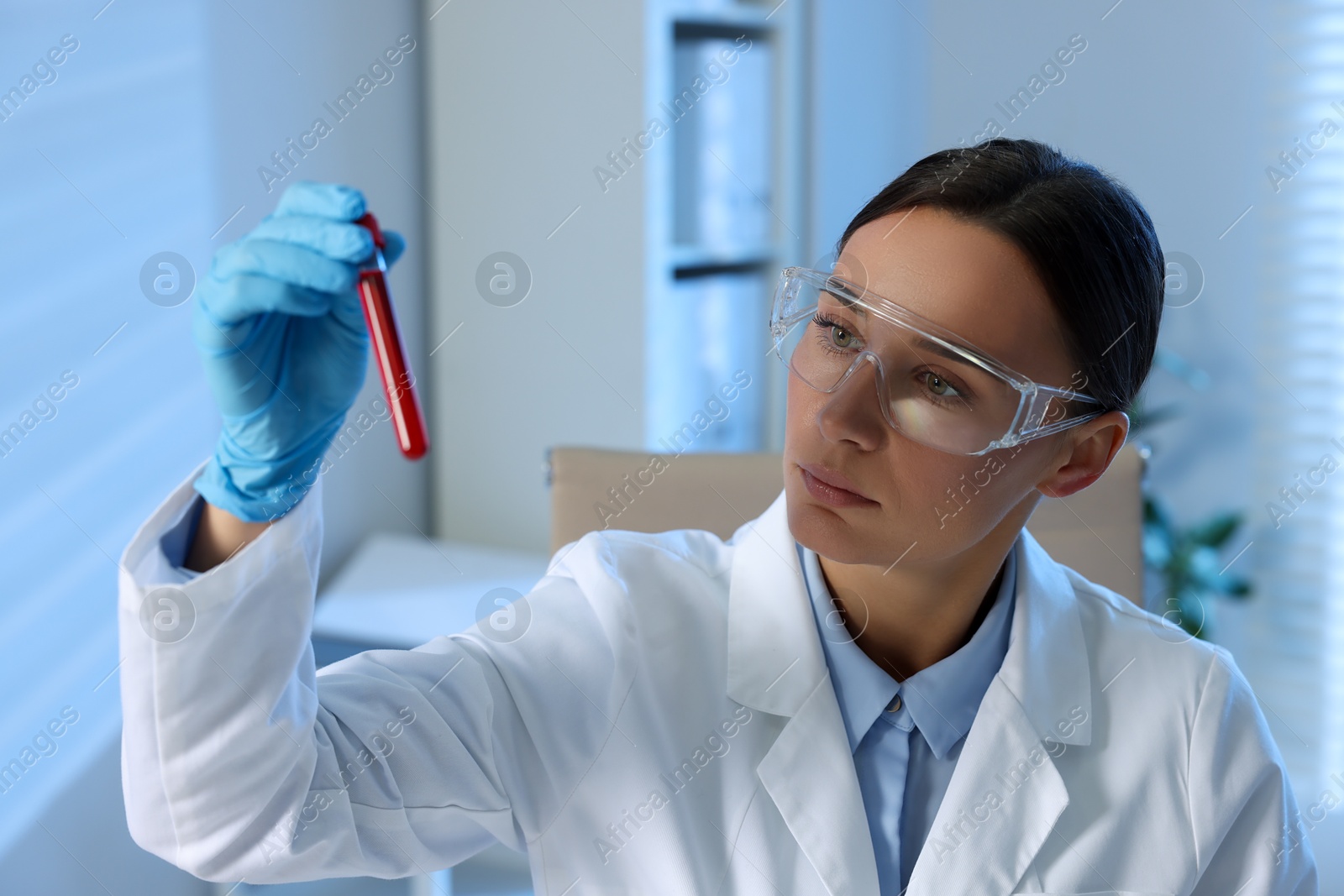 Photo of Laboratory testing. Doctor holding test tube with blood sample indoors