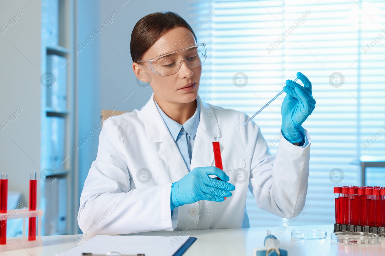 Photo of Laboratory testing. Doctor with blood sample and pipette at table indoors