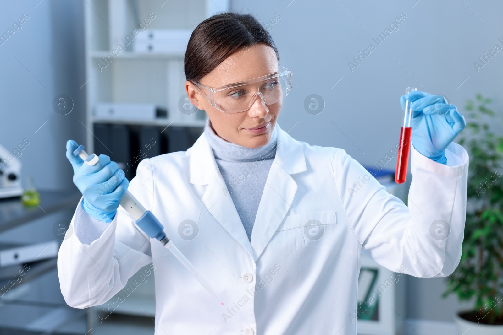 Photo of Laboratory testing. Doctor with blood sample and micropipette indoors