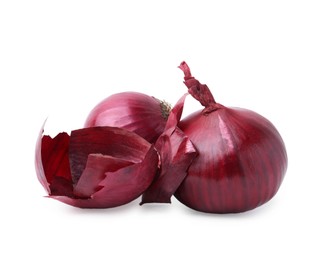 Photo of Fresh onions with peels isolated on white