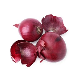 Photo of Fresh onions with peels isolated on white, top view