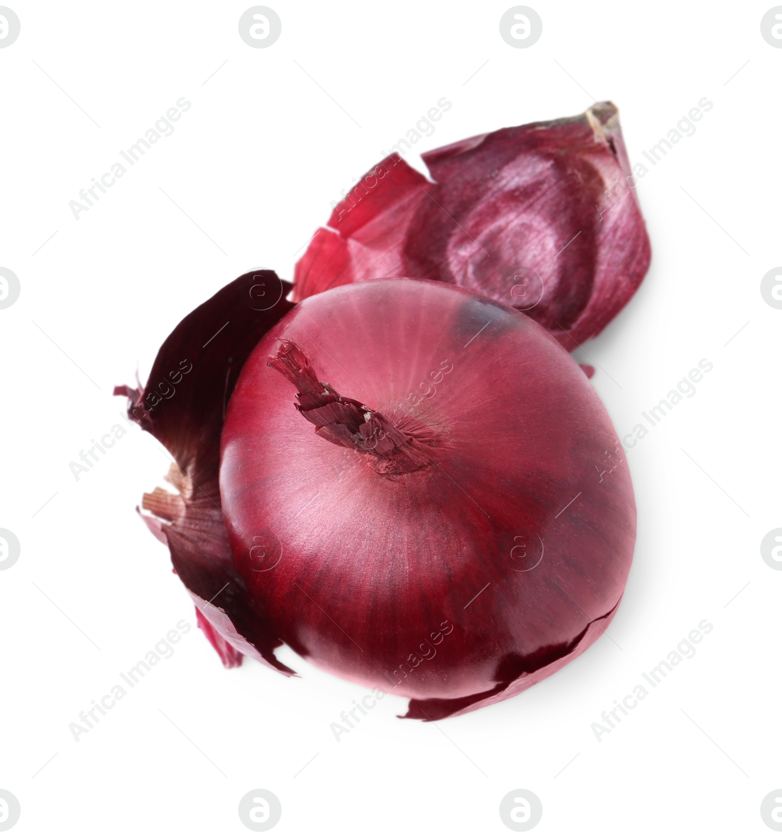 Photo of Fresh onion with peels isolated on white, top view