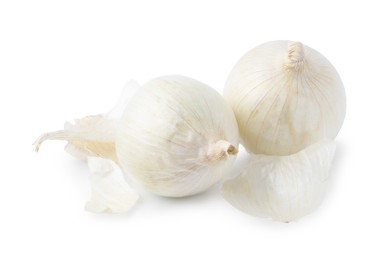 Photo of Fresh onions with peels isolated on white