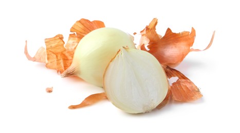 Photo of Fresh onions with peels isolated on white