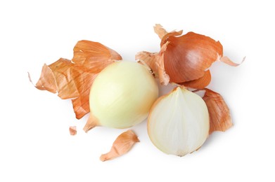 Photo of Fresh onions with peels isolated on white, top view