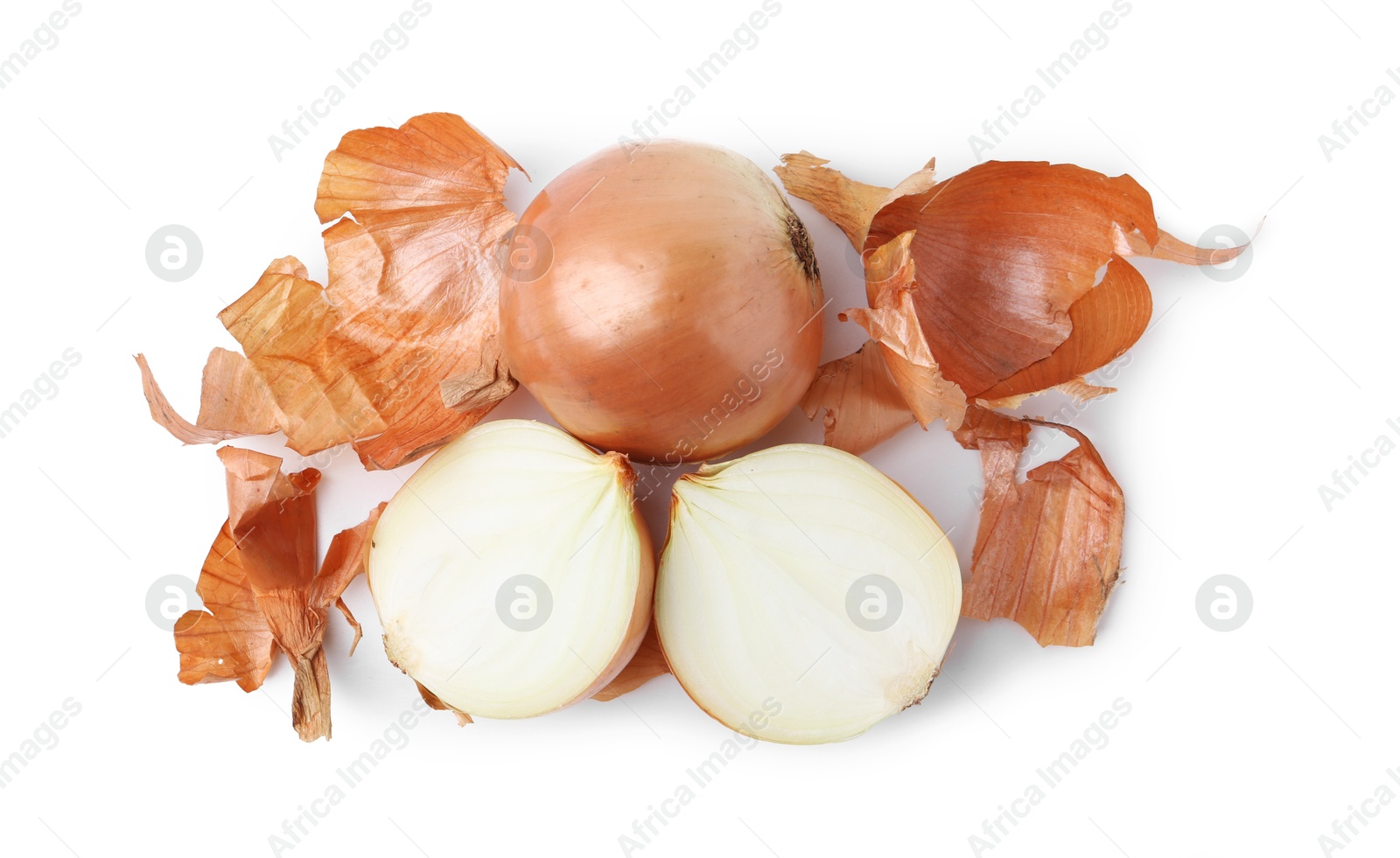 Photo of Fresh onion with peels isolated on white, top view