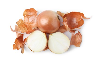 Photo of Fresh onion with peels isolated on white, top view