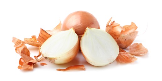 Photo of Fresh onions with peels isolated on white