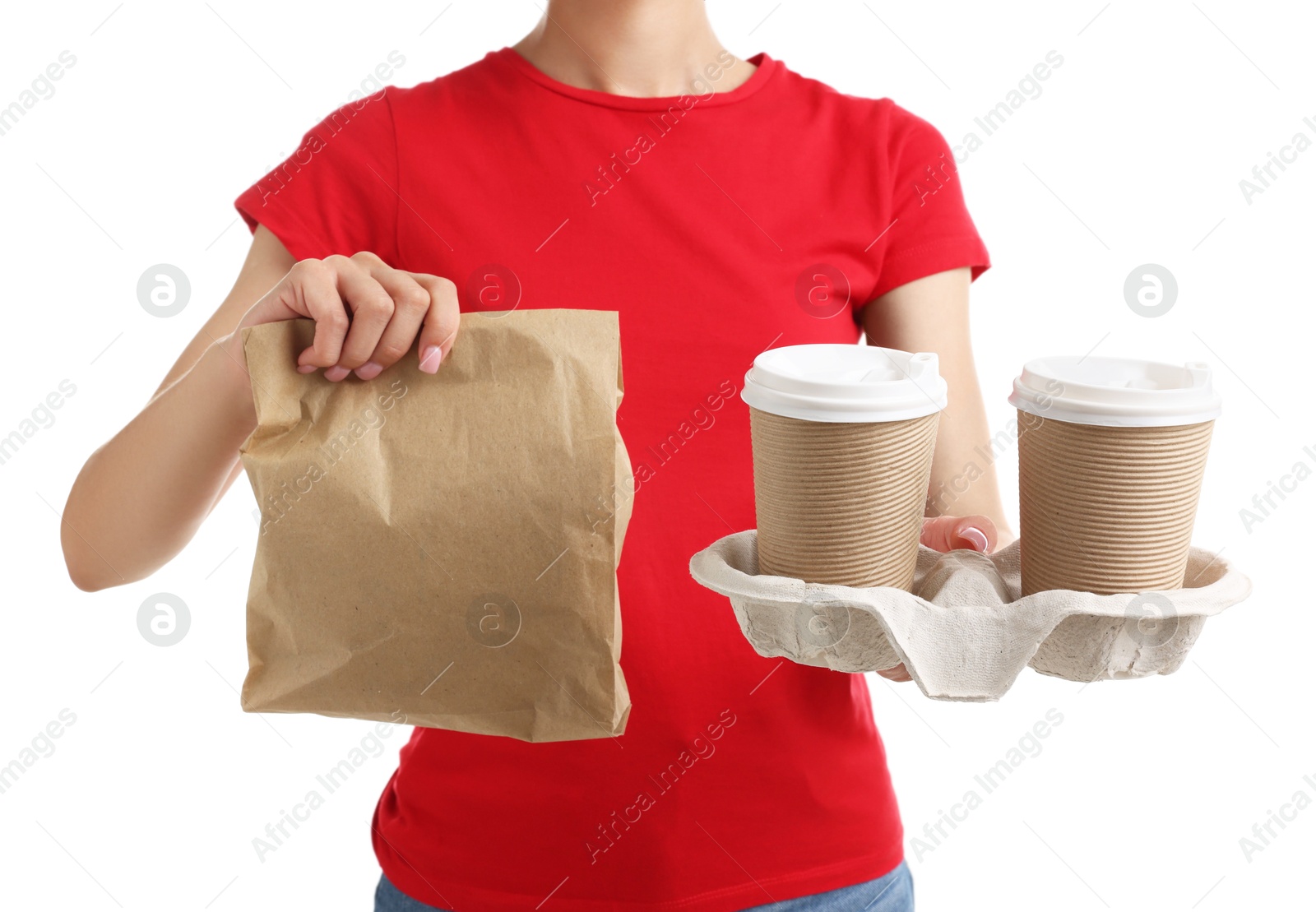 Photo of Fast-food worker with paper cups and bag on white background, closeup