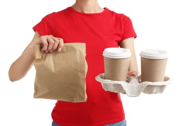 Photo of Fast-food worker with paper cups and bag on white background, closeup