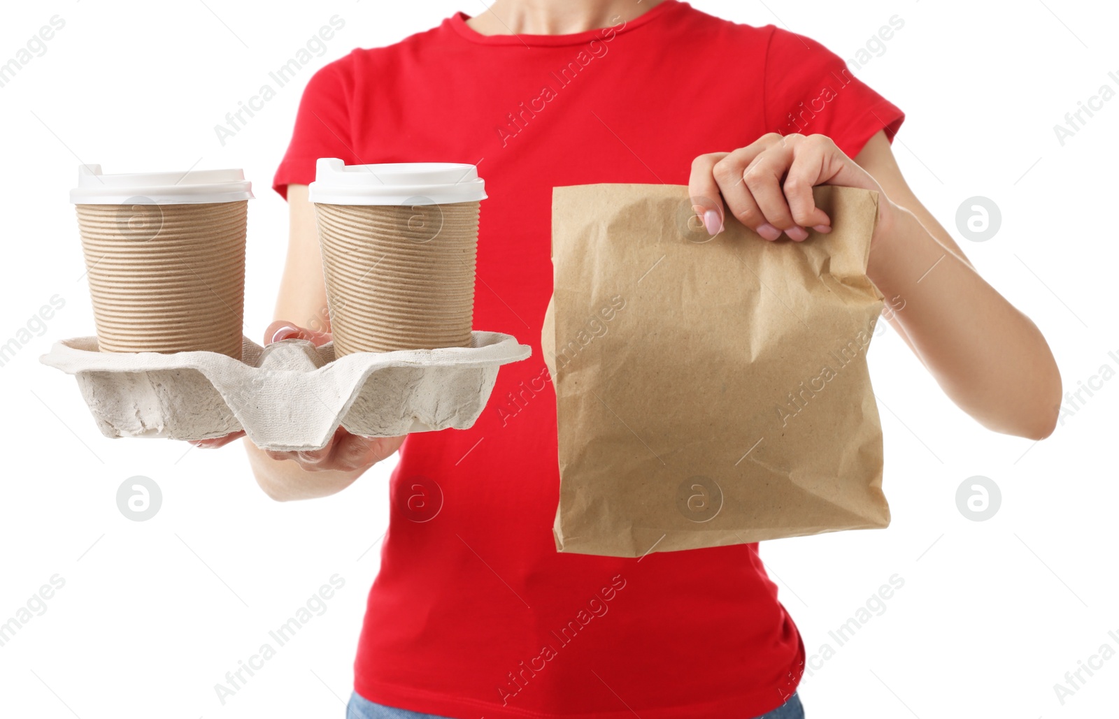 Photo of Fast-food worker with paper cups and bag on white background, closeup