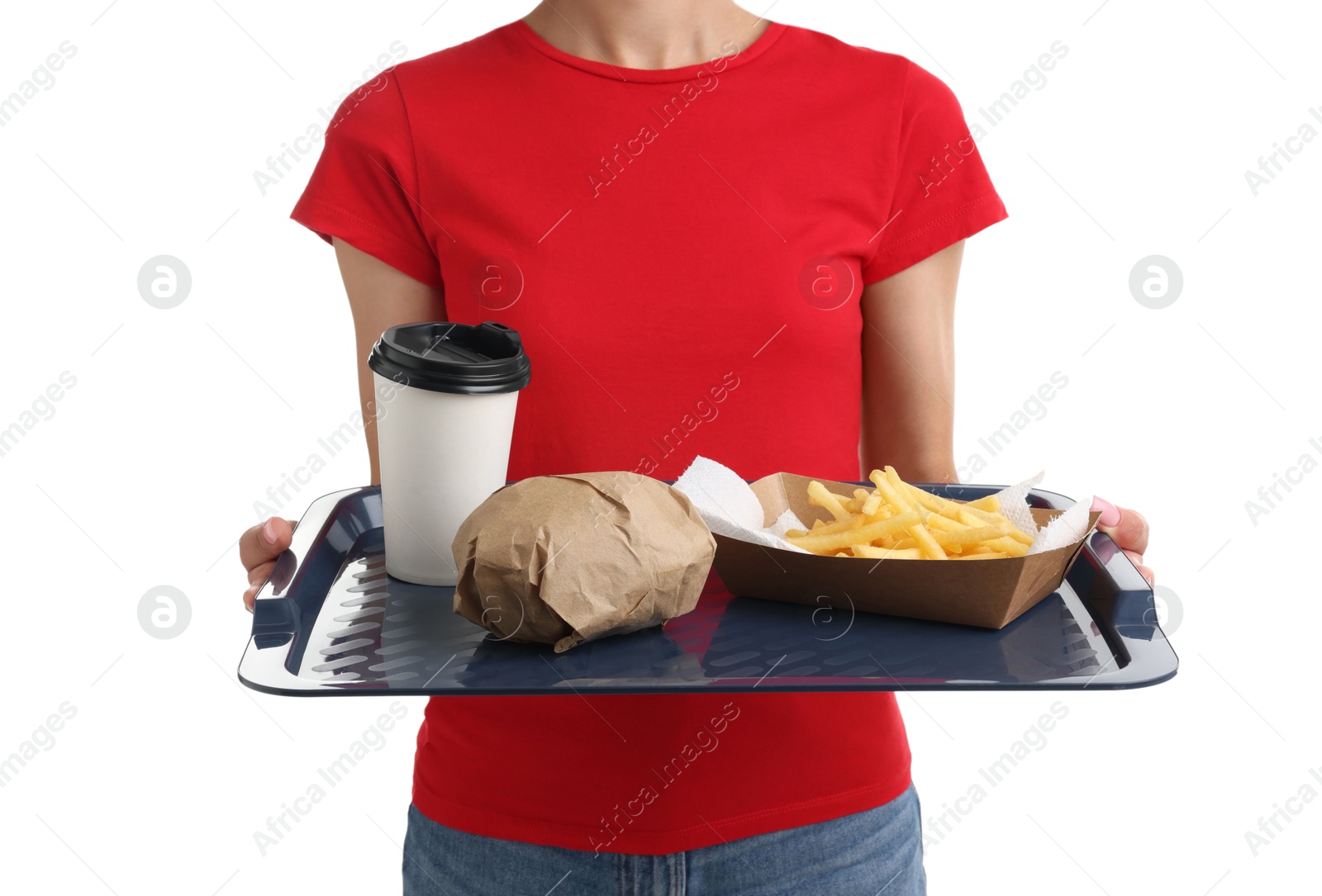 Photo of Fast-food worker holding tray with order on white background, closeup