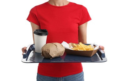 Photo of Fast-food worker holding tray with order on white background, closeup