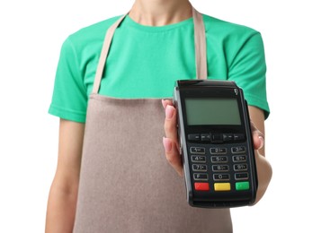 Photo of Fast-food worker with payment terminal on white background, closeup