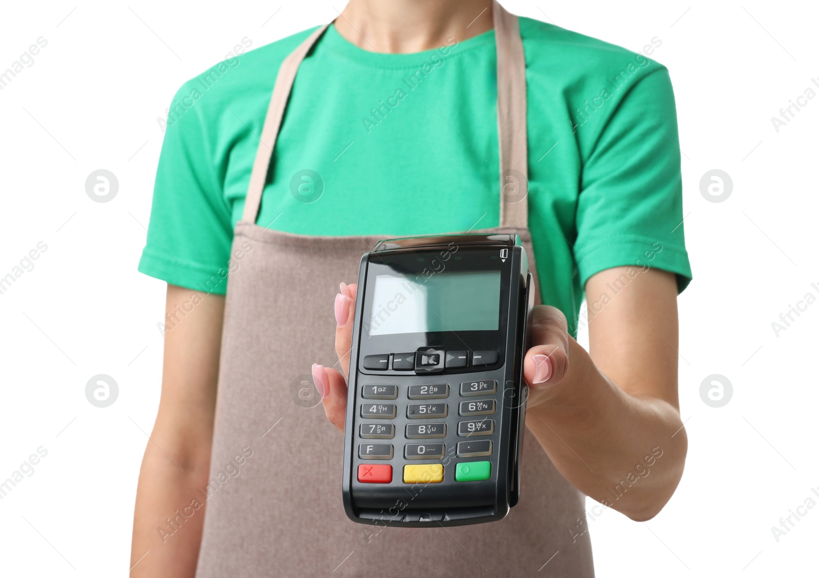 Photo of Fast-food worker with payment terminal on white background, closeup