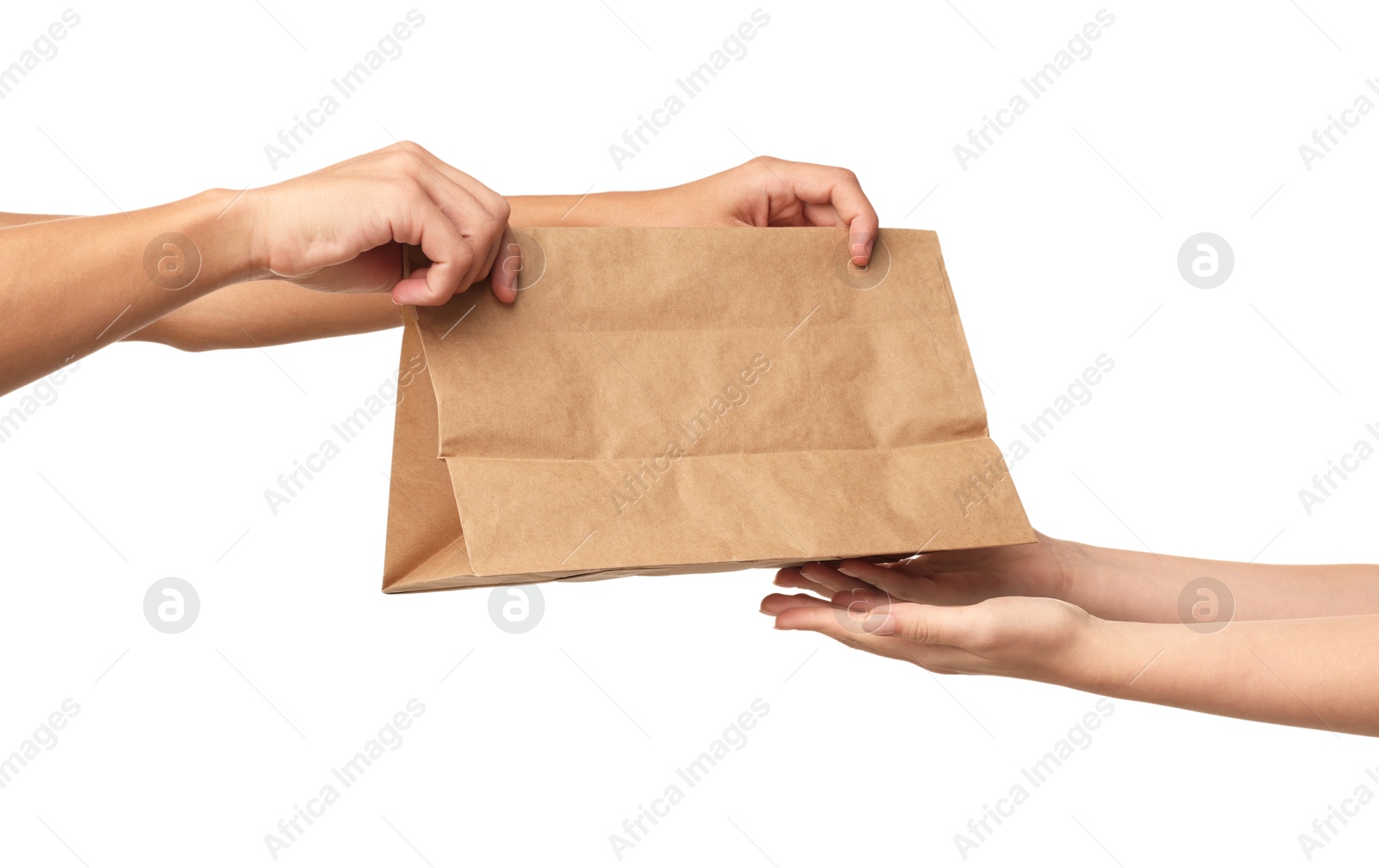 Photo of Fast-food worker giving customer's order on white background, closeup