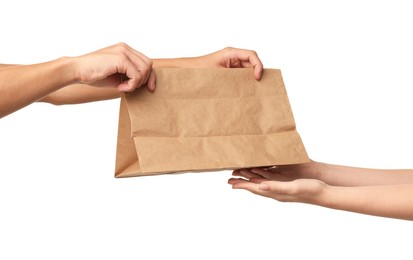 Photo of Fast-food worker giving customer's order on white background, closeup