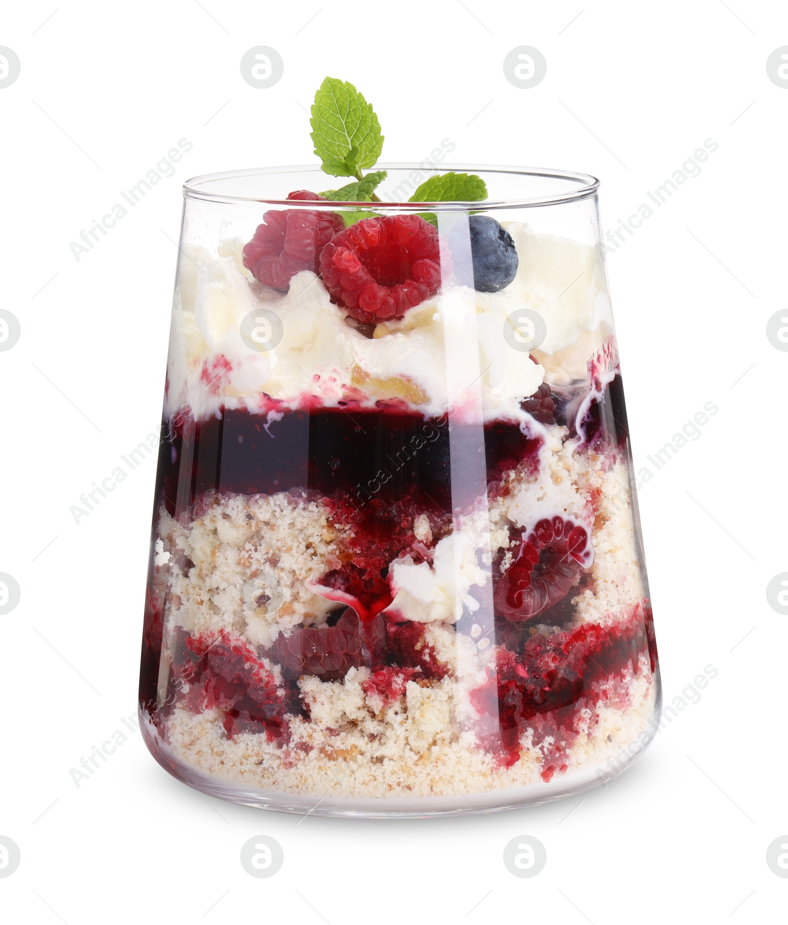 Photo of Tasty trifle dessert. Berries, sponge cake and whipped cream in glass isolated on white