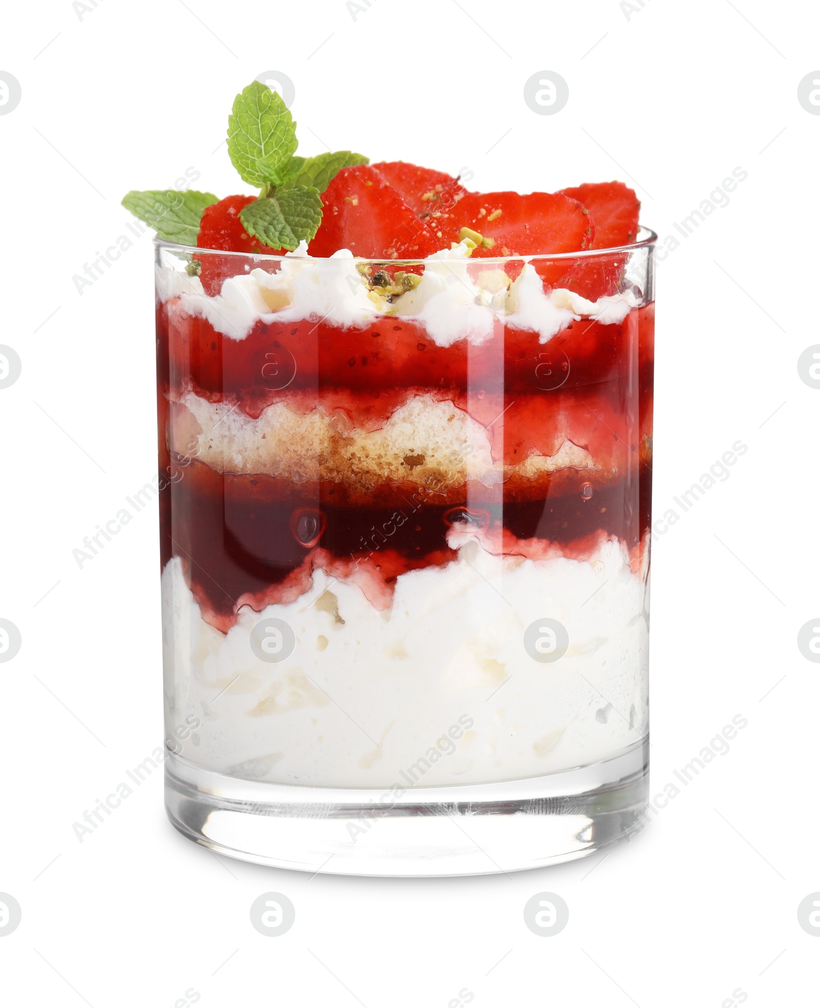 Photo of Tasty trifle dessert. Strawberries, sponge cake and whipped cream in glass isolated on white