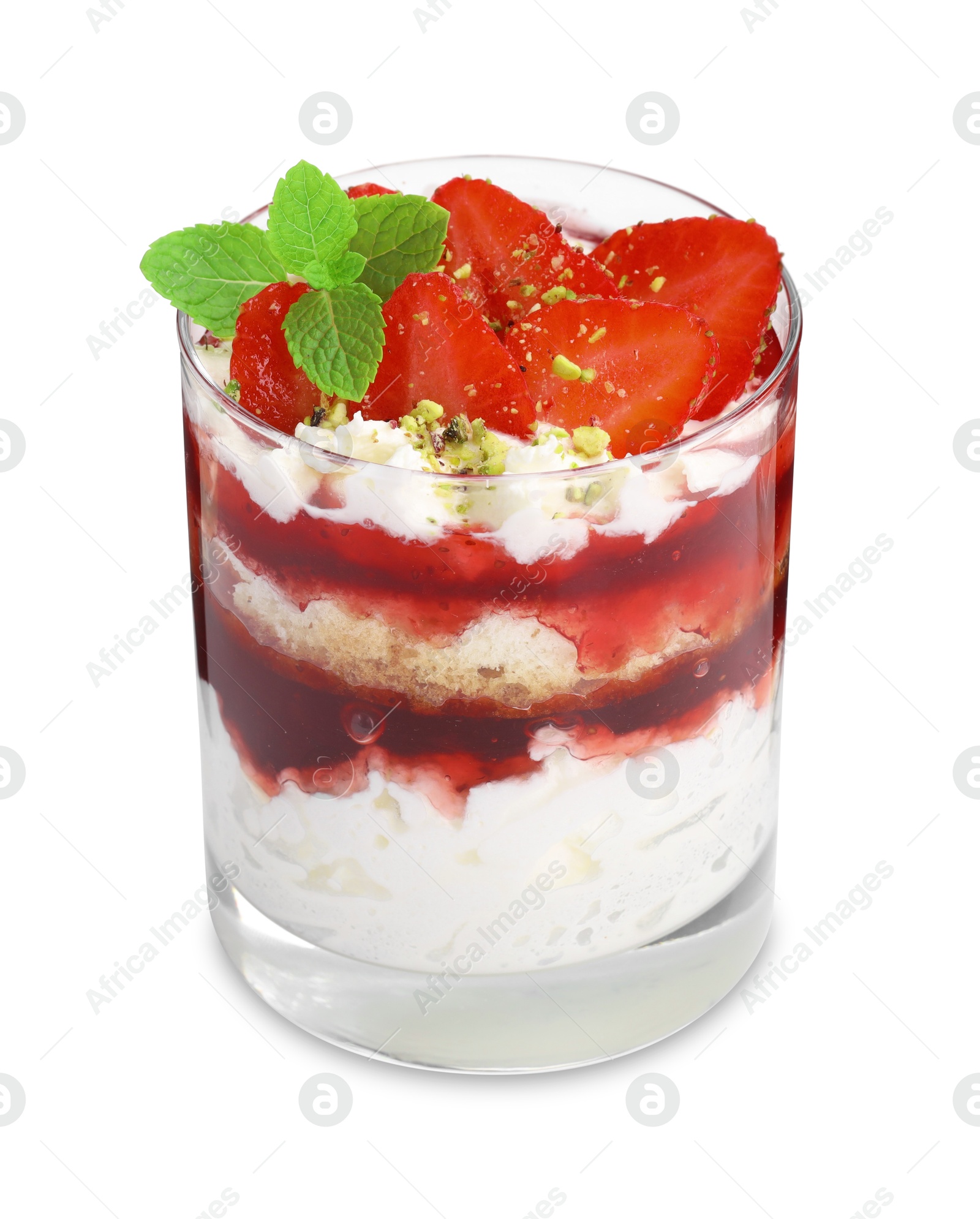 Photo of Tasty trifle dessert. Strawberries, sponge cake and whipped cream in glass isolated on white