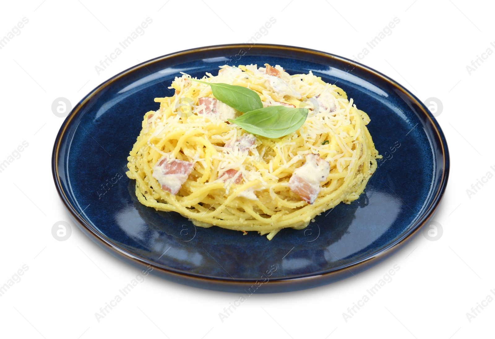 Photo of Plate with delicious pasta Carbonara isolated on white