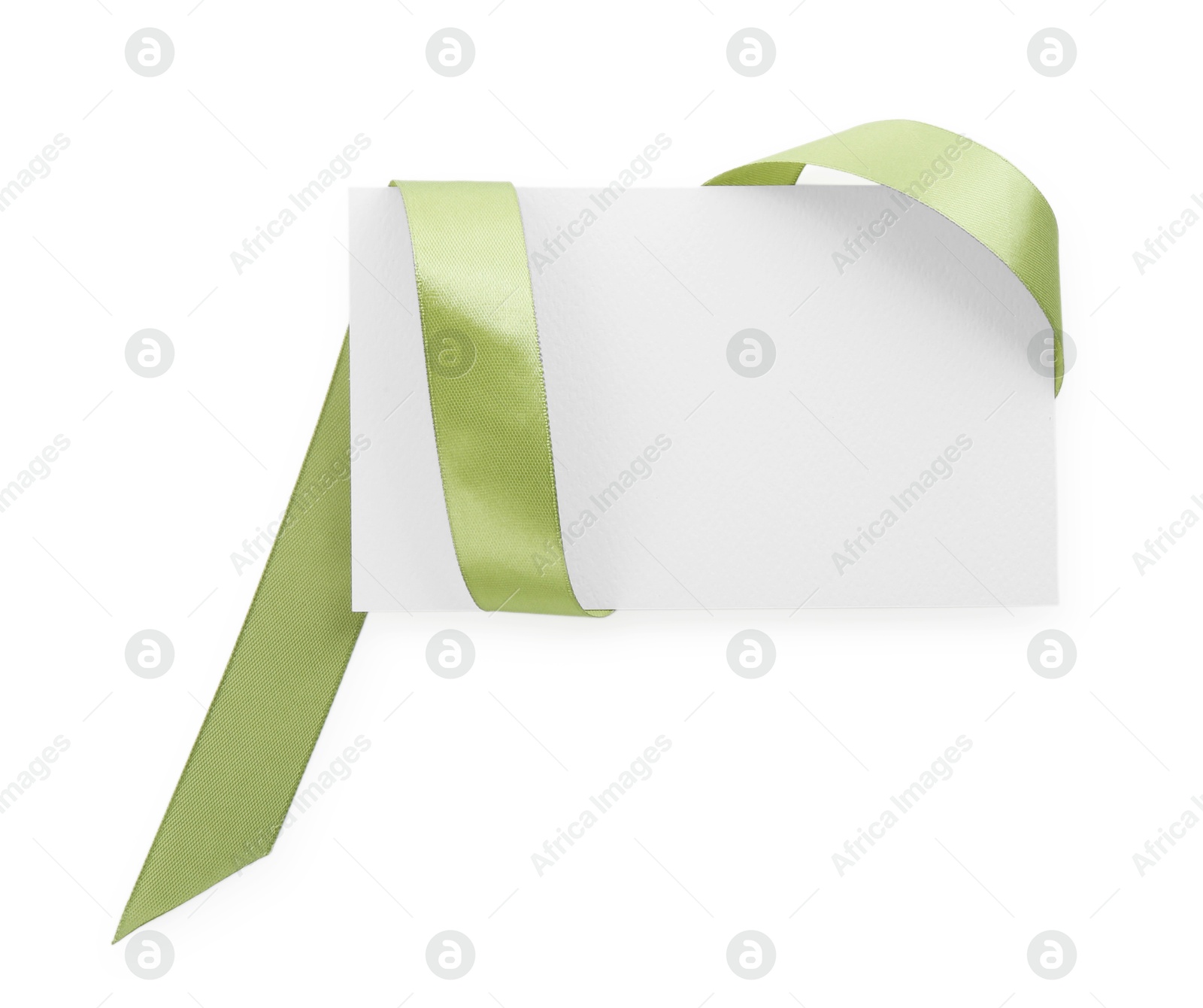 Photo of Blank card and olive ribbon isolated on white, top view