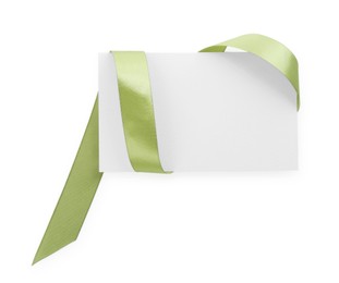 Photo of Blank card and olive ribbon isolated on white, top view