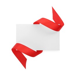 Photo of Blank card and red ribbon isolated on white, top view