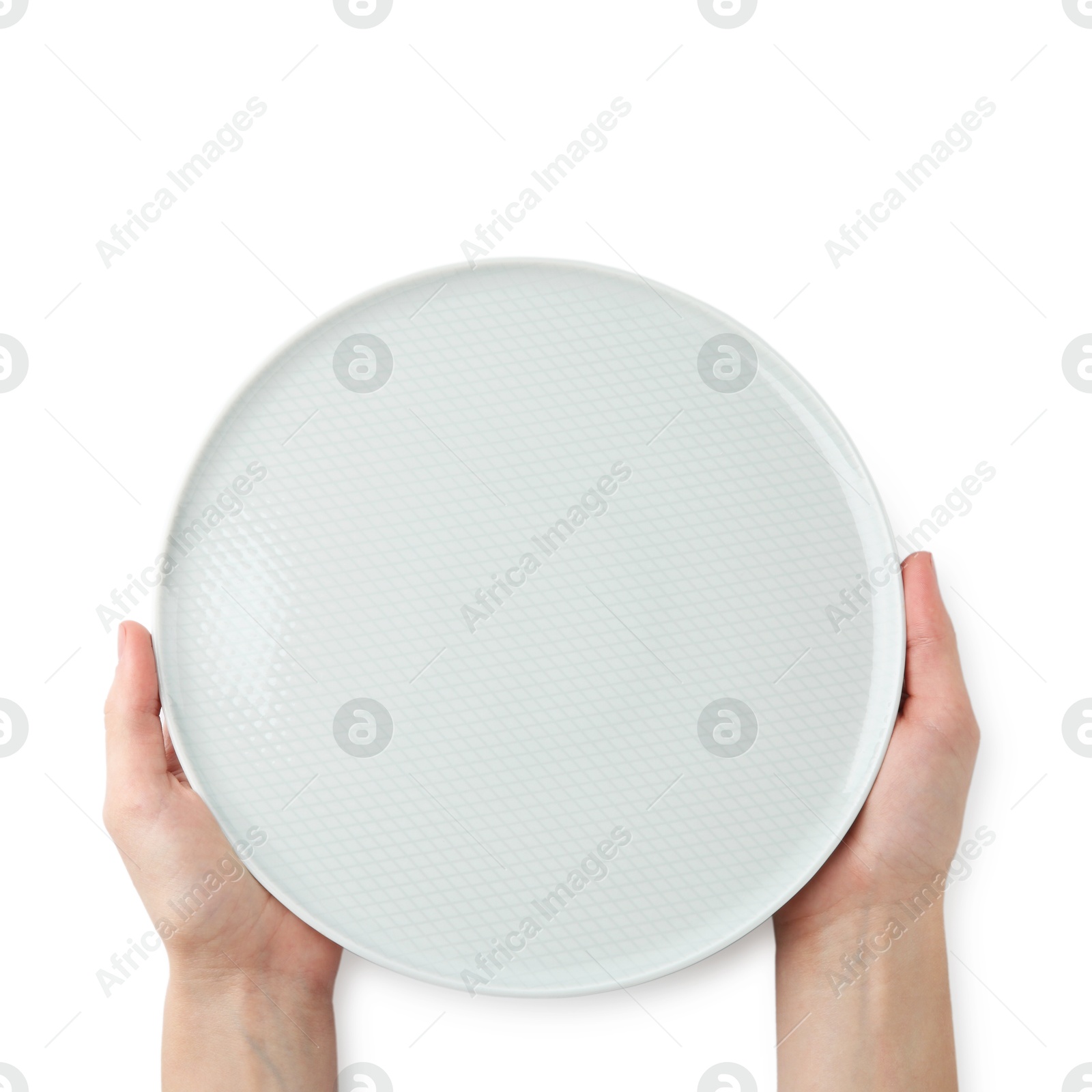 Photo of Woman with empty ceramic plate on white background, top view