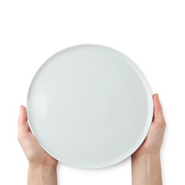 Photo of Woman with empty ceramic plate on white background, top view