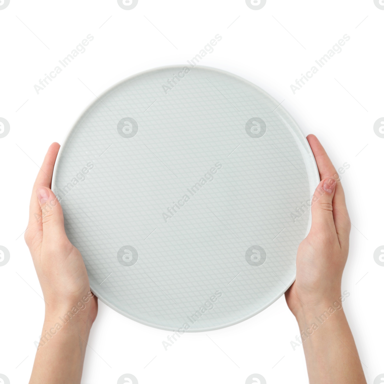 Photo of Woman with empty ceramic plate on white background, top view