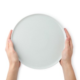 Photo of Woman with empty ceramic plate on white background, top view