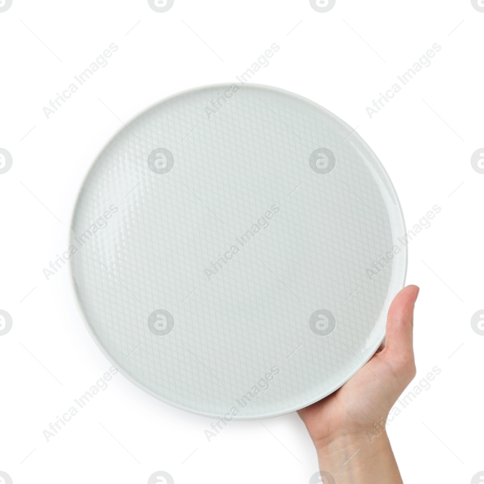 Photo of Woman with empty ceramic plate on white background, top view