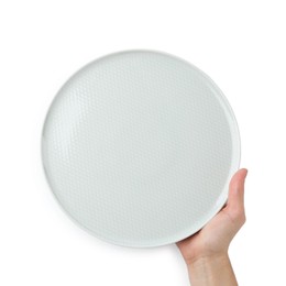 Photo of Woman with empty ceramic plate on white background, top view