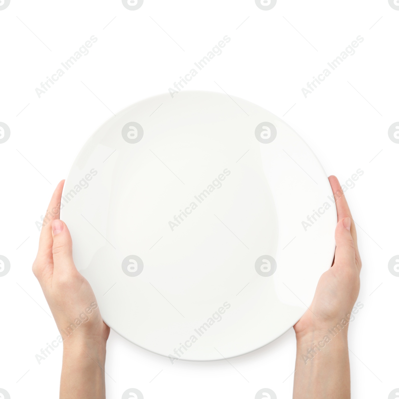 Photo of Woman with empty ceramic plate on white background, top view