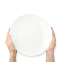 Photo of Woman with empty ceramic plate on white background, top view