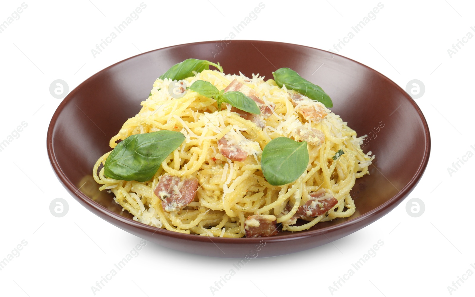 Photo of Delicious pasta Carbonara in bowl isolated on white