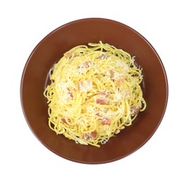 Photo of Delicious pasta Carbonara in bowl isolated on white, top view