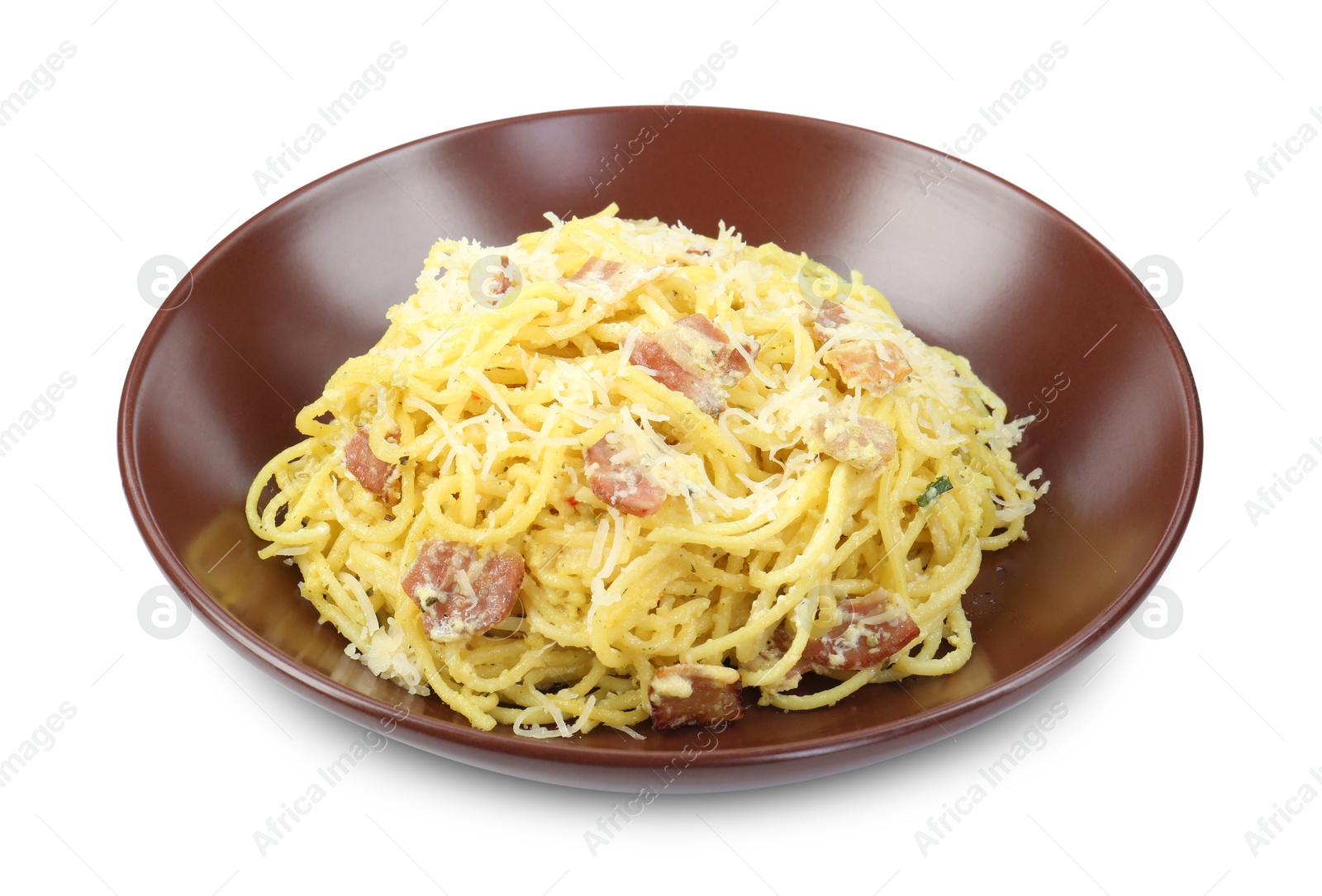 Photo of Delicious pasta Carbonara in bowl isolated on white