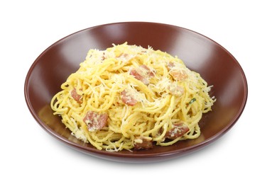 Photo of Delicious pasta Carbonara in bowl isolated on white