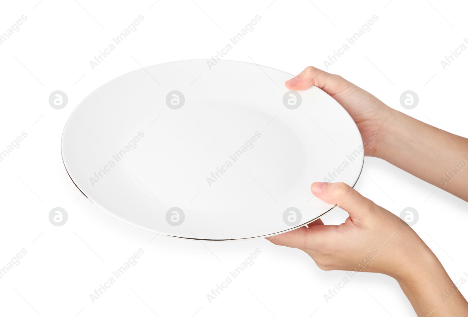 Photo of Woman with empty ceramic plate on white background, closeup