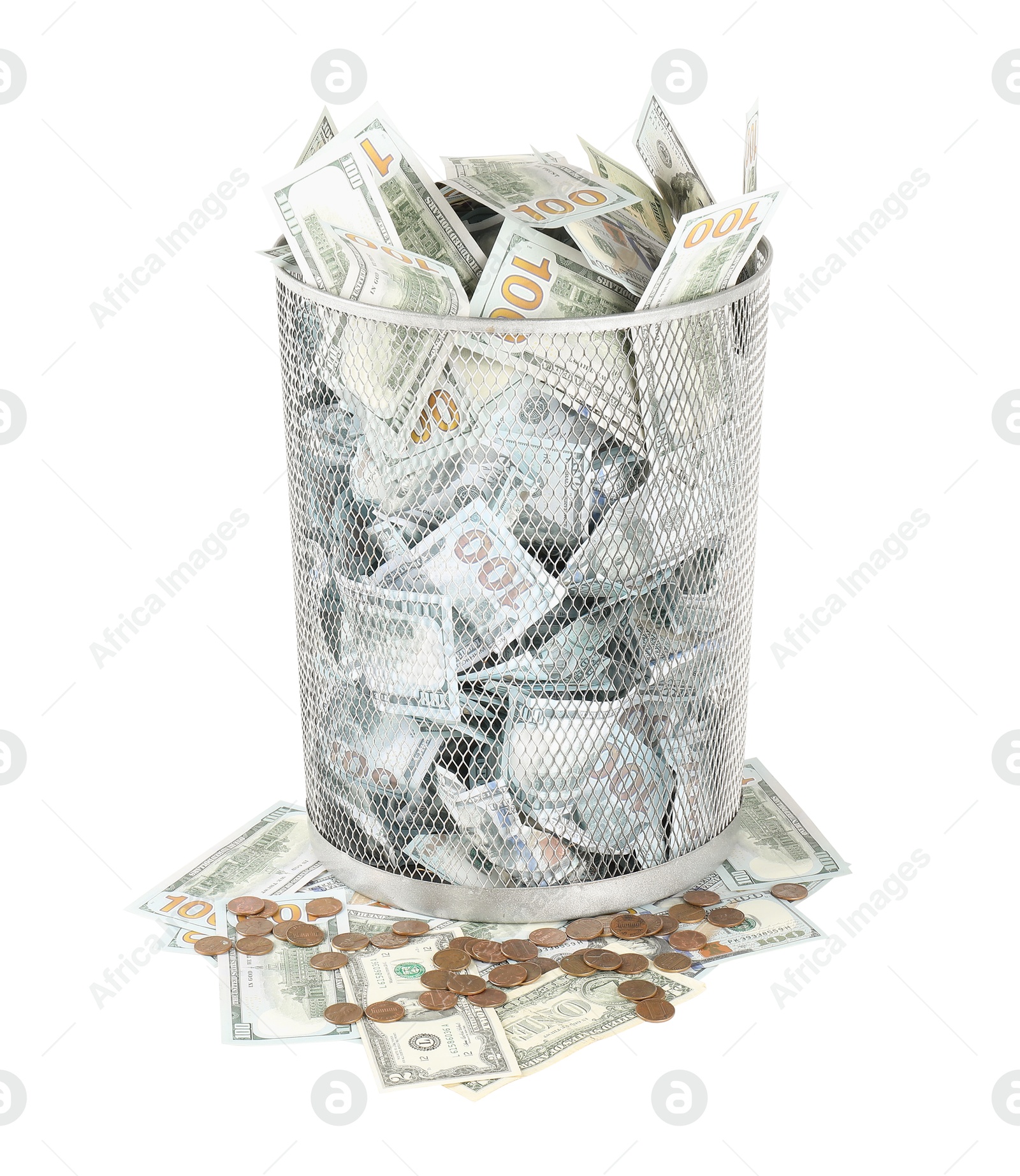 Photo of Many dollar banknotes in trash bin and coins isolated on white