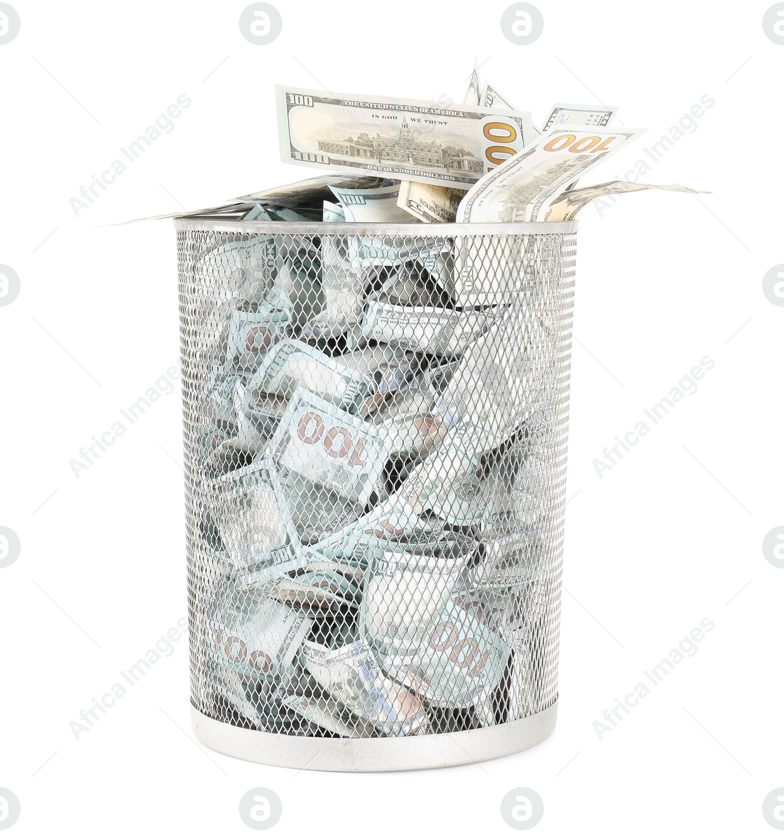 Photo of Many dollar banknotes in trash bin isolated on white