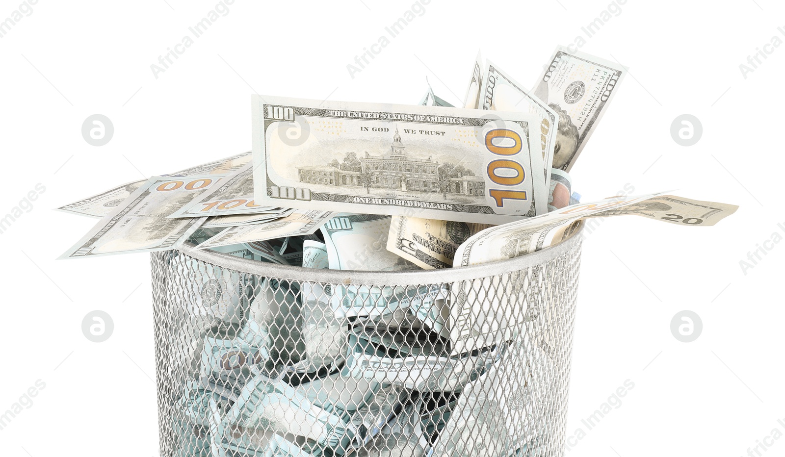 Photo of Many dollar banknotes in trash bin isolated on white