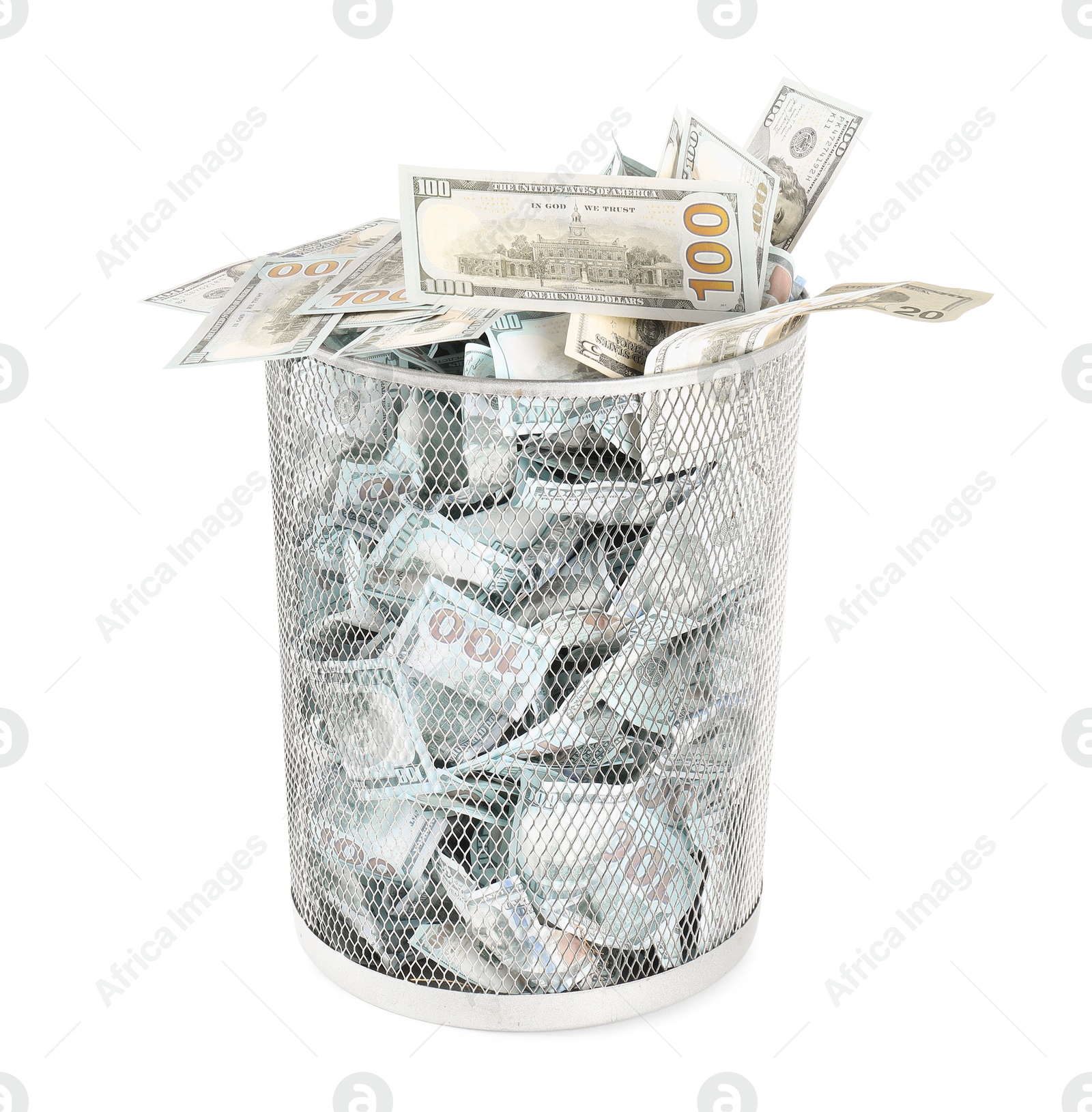 Photo of Many dollar banknotes in trash bin isolated on white