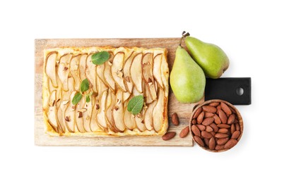 Photo of Delicious puff pastry tart with pears, almond and mint isolated on white, top view